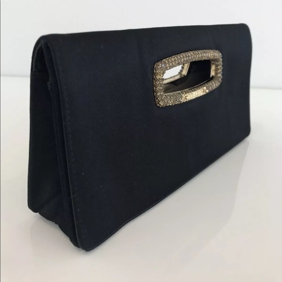 JIMMY CHOO BLACK SATIN SILK CRYSTAL CLUTCH BAG - Picture 2 of 15